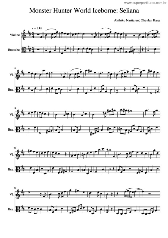 Partitura da música Monster Hunter World Iceborne Seliana In D–Dur For Violin An Viola