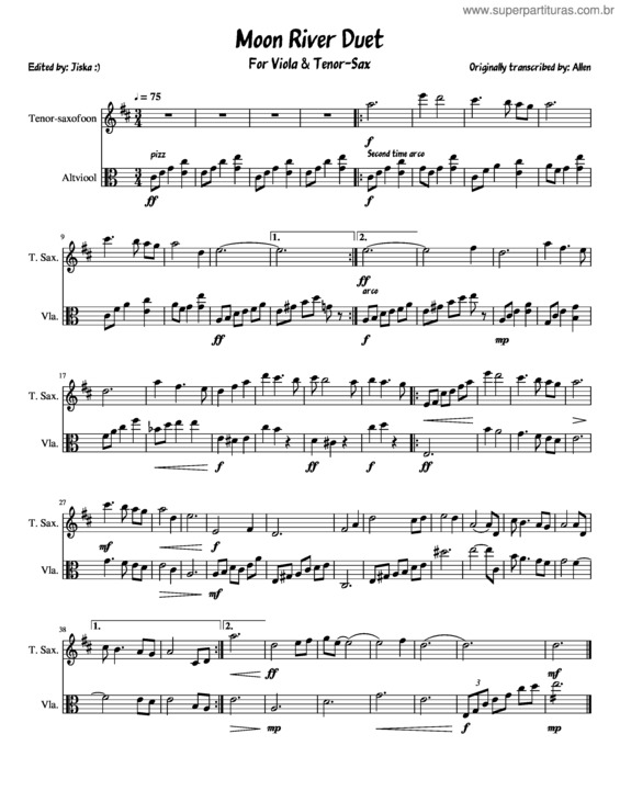 Partitura da música Moon River Duet For Viola & Tenor–Sax