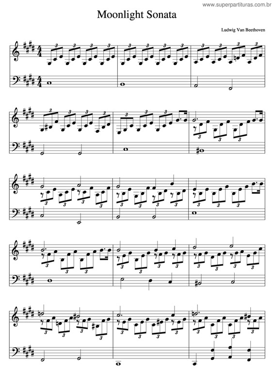 Partitura da música Moonlight Sonata (Facilitada)
