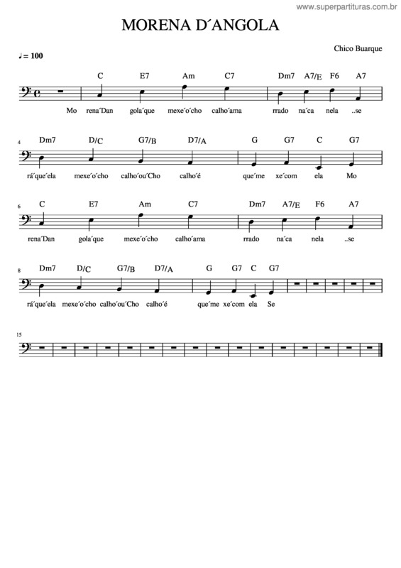Partitura da música Morena D´Angola Arranjo Baixo Parte A