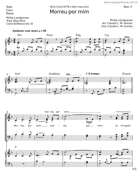 Partitura da música Morreu Por Mim – Phillip Landgraves