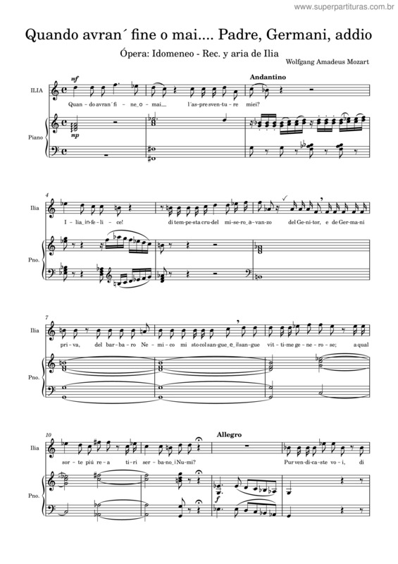 Partitura da música Mozart – Idomeneo – Quando Avran´ Fine O Mai...Padre, Germani, Addio – Aria De Ilia