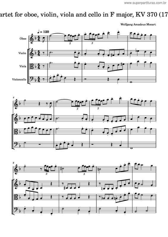 Partitura da música Mozart – Quartet For Oboe, Violin, Viola And Cello In F Major, Kv 370  1781