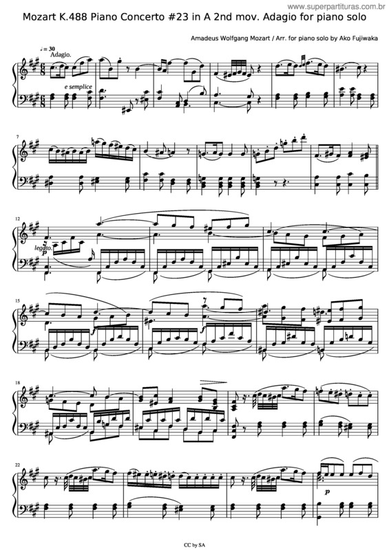Partitura da música Mozart K.488 Piano Concerto #23 In A 2Nd Mov. Adagio For Piano Solo
