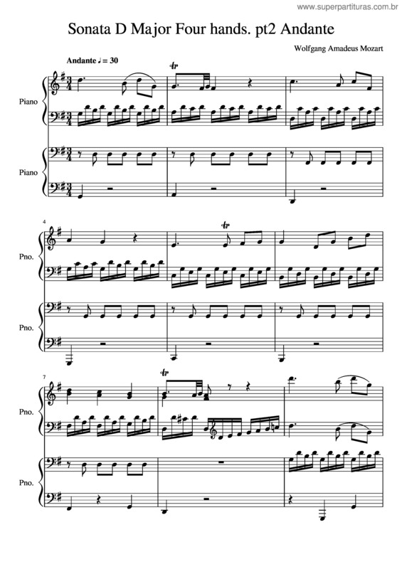 Partitura da música Mozart Sonate In D 4 Hands Andante