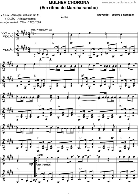 Partitura da música Mulher Chorona v.2