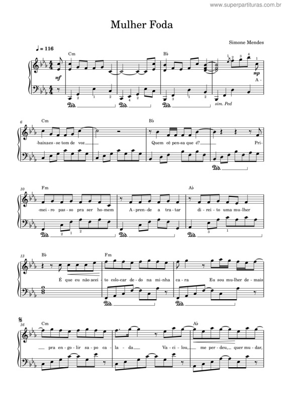 Partitura da música Mulher Foda – Simone Mendes