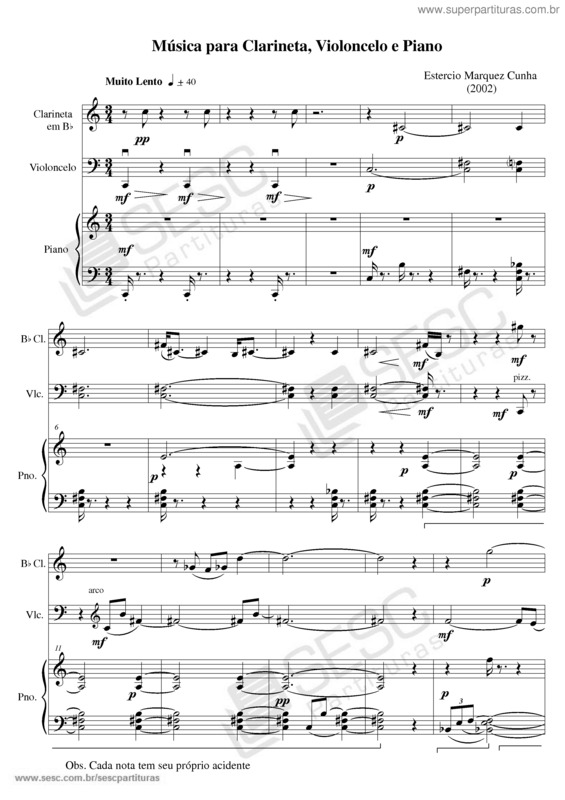 Partitura da música Música para clarineta, violoncelo e piano