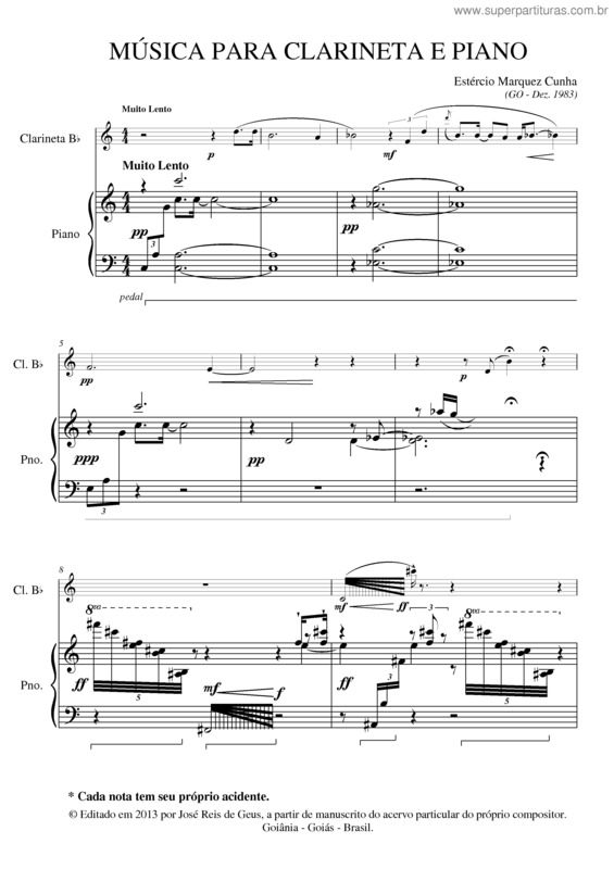 Partitura da música Música para clarineta e piano