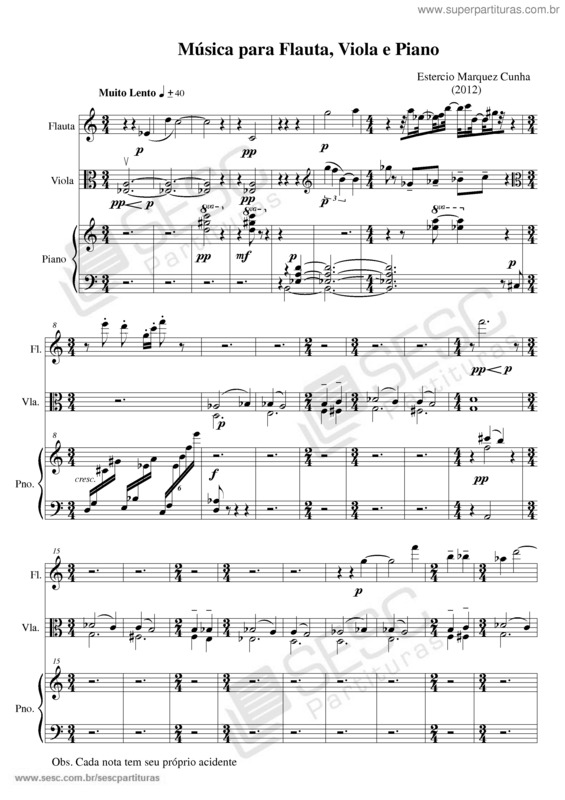 Partitura da música Música para flauta, viola e piano