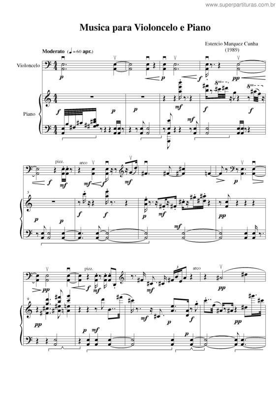 Partitura da música Música para violoncelo e piano