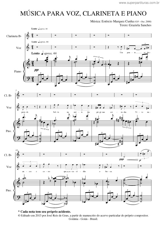 Partitura da música Música para voz, clarineta e piano