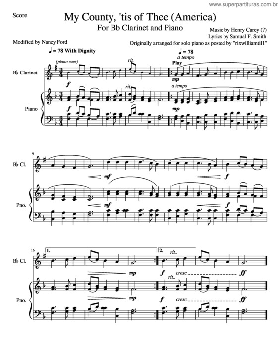 Partitura da música My Country `Tis Of Thee – Samuel T. Smith