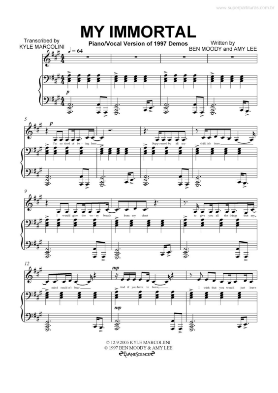 Partitura da música My Immortal v.2