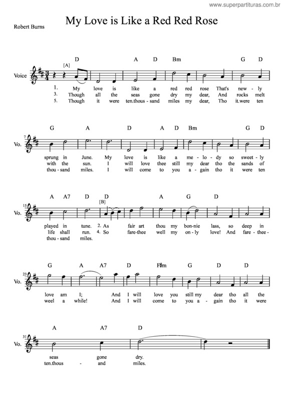 Partitura da música My Love Is Like A Red  Red Rose