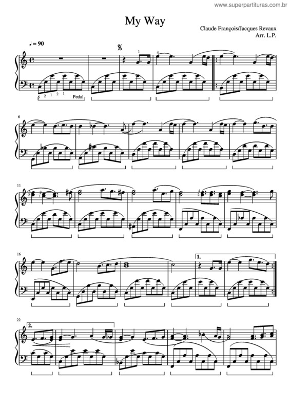 Partitura da música My Way – Jacques Revaux & Claude François. My Way