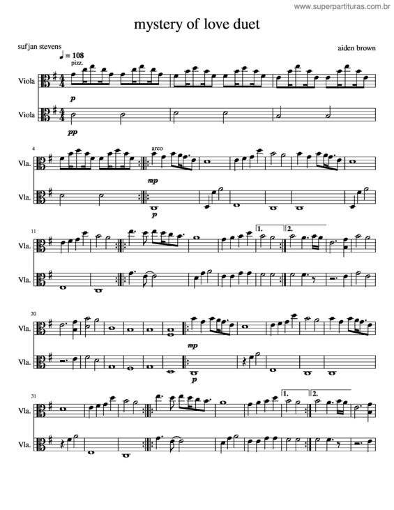 Partitura da música Mystery Of Love – Sufjan Stevens Viola Duet