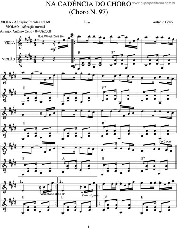 Partitura da música Na Cadencia Do Choro