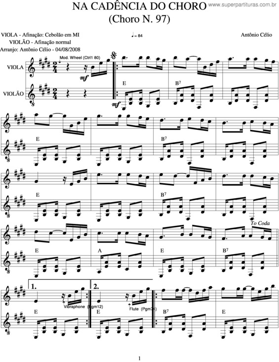 Partitura da música Na Cadencia Do Choro