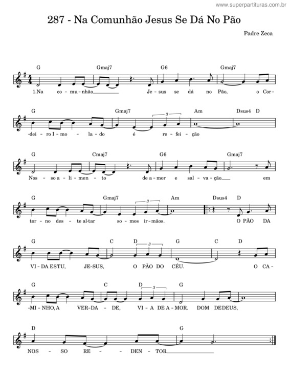 Partitura da música Na Comunhão Jesus Se Dá No Pão – Padre Zeca