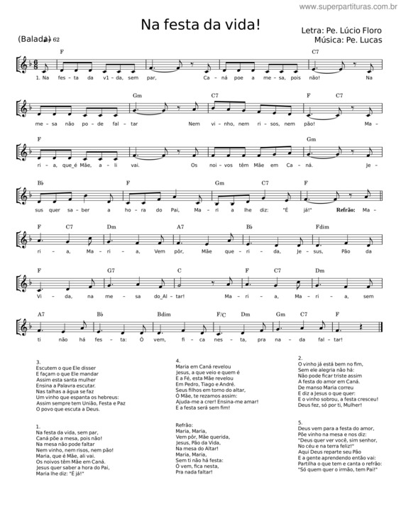 Partitura da música Na Festa Da Vida – Pe. Lúcio Floro