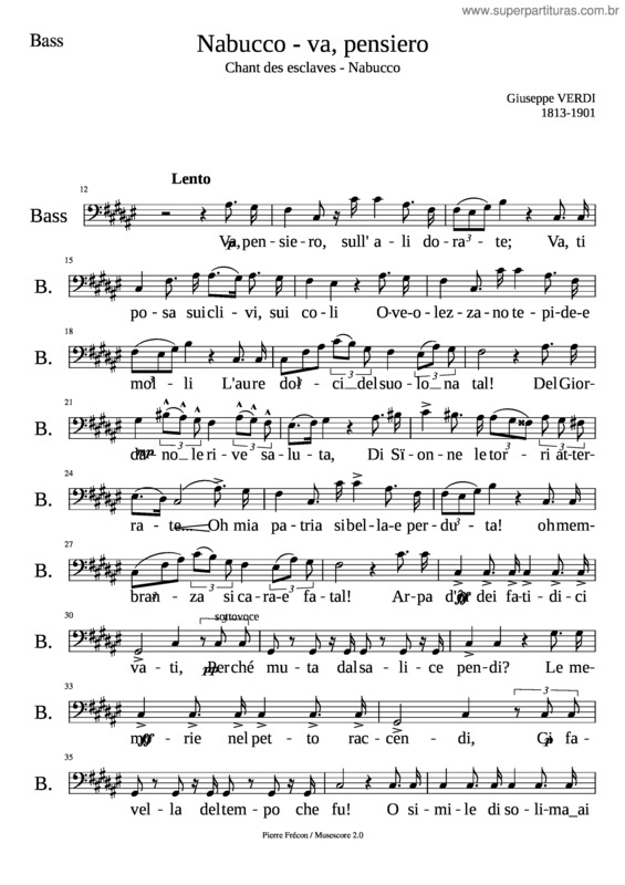 Partitura da música Nabucco – Va, Pensiero Bass