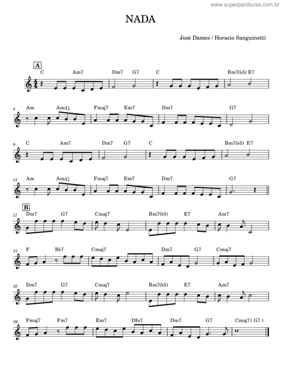 Partitura da música Nada – José Dames