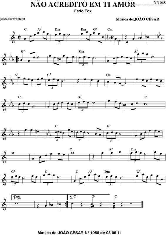 Partitura da música Não Acredito em Ti Amor