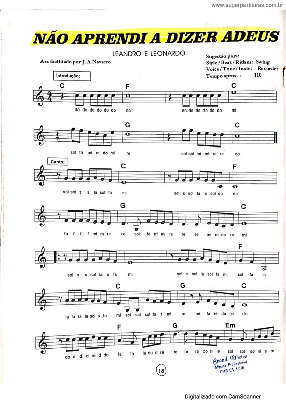 Partitura da música Não Aprendi A Dizer Adeus v.3