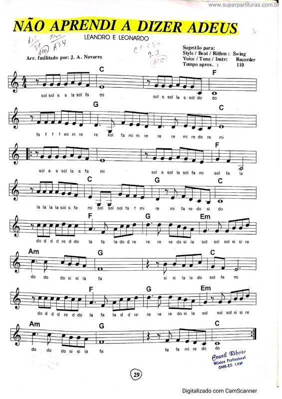 Partitura da música Não Aprendi A Dizer Adeus v.4