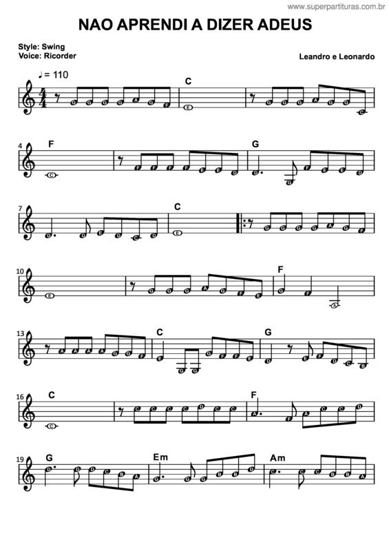 Partitura da música Não Aprendi Dizer Adeus v.2