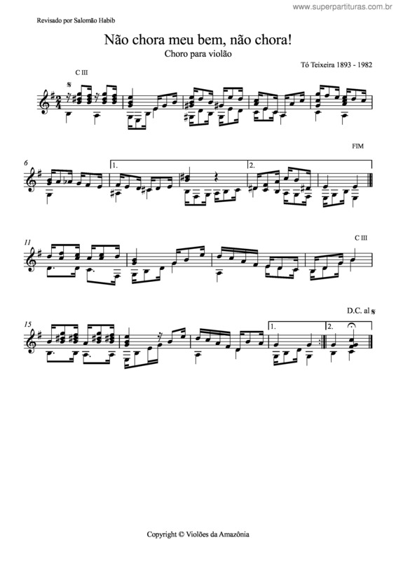 Partitura da música Não chora meu bem, não chora!