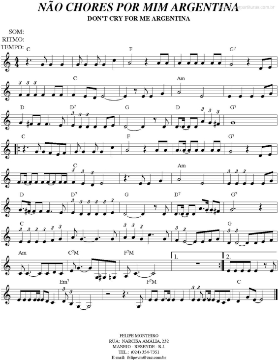 Partitura da música Não Chores Por Mim Argentina (Don`t Cry For Me Argentina) (Evita)