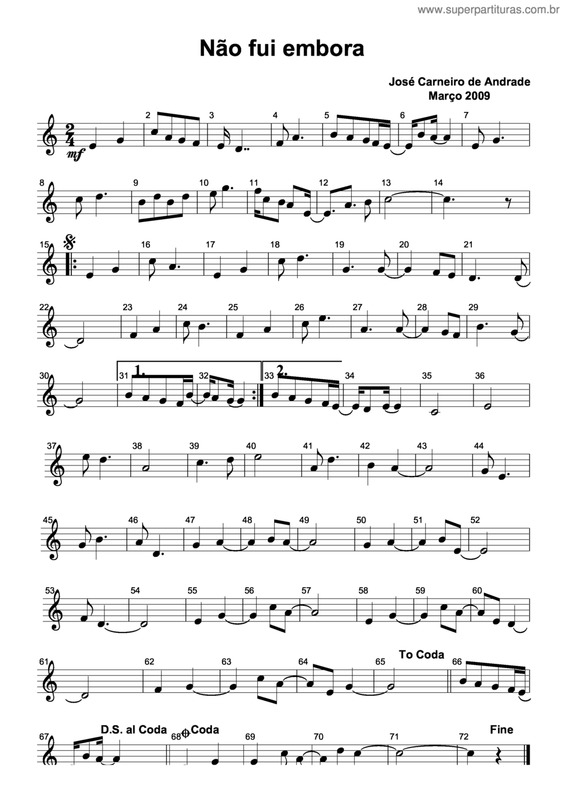 Partitura da música Não Fui Embora