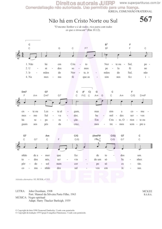 Partitura da música Não Há Em Cristo Norte Ou Sul - 567 HCC