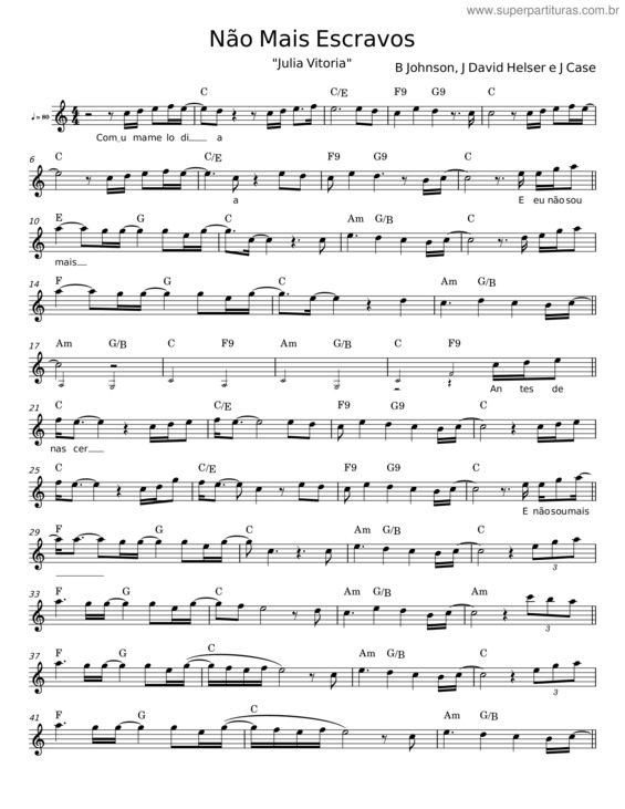 Partitura da música Não Mais Escravos – B Johnson;J David Helser;J Case