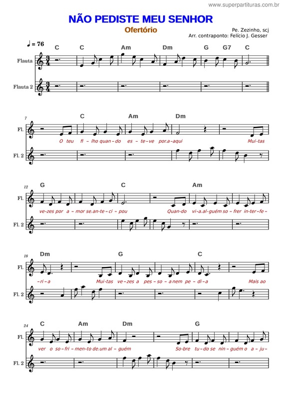 Partitura da música Não Pediste Meu Senhor – Pe. Zezinho – Fjgesser