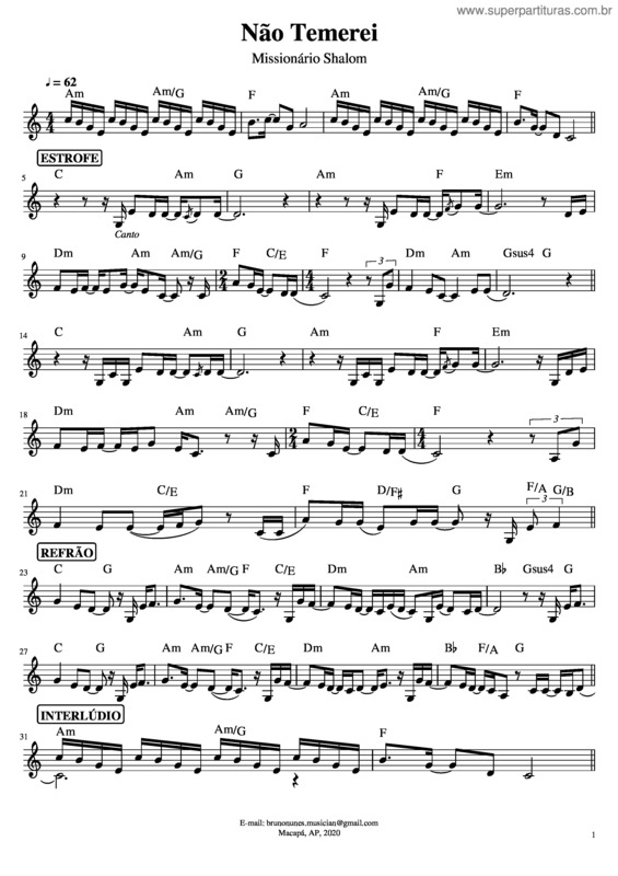Partitura da música Não Temerei