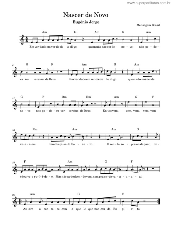 Partitura da música Nascer De Novo  – Eugênio Jorge  Nascer De Novo – Eugênio Jorge