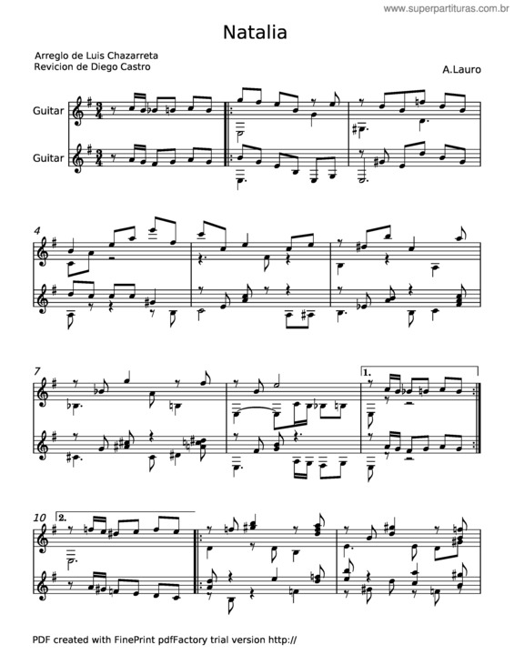 Partitura da música Natalia – A.Lauro