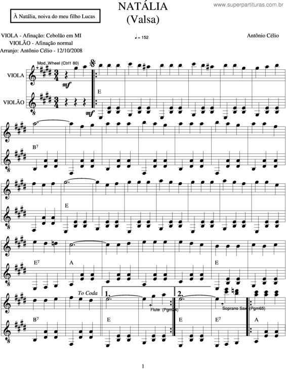 Partitura da música Natália