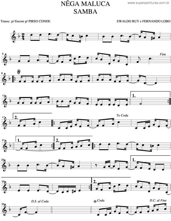 Partitura da música Nega Maluca