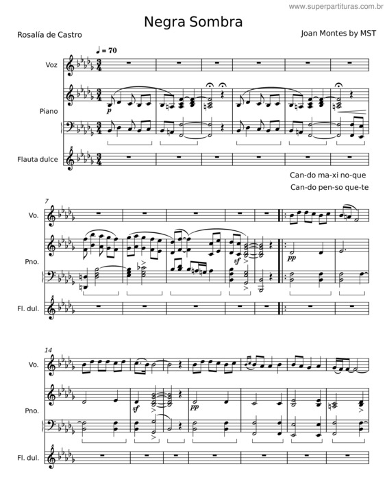 Partitura da música Negra Sombra – Rosalía De Castro;Joan Montes;Mst