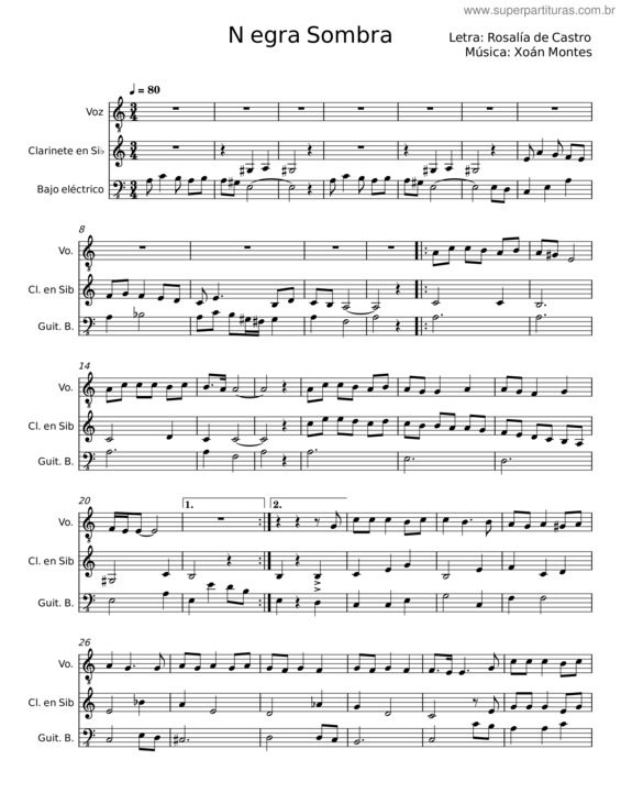 Partitura da música Negra Sombra – Rosalía De Castro v.2