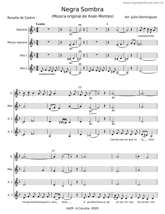 Partitura da música Negra Sombra – Rosalía De Castro;Xoán Montes)