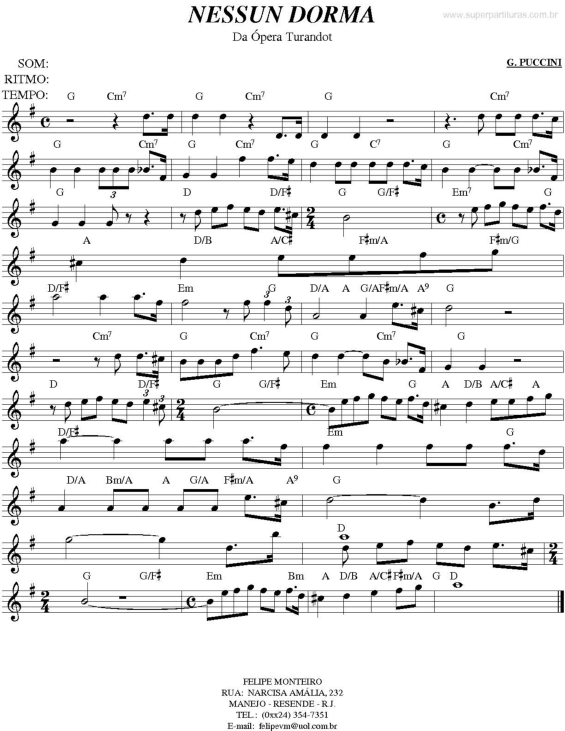 Partitura da música Nessum Dorma (Turandot)