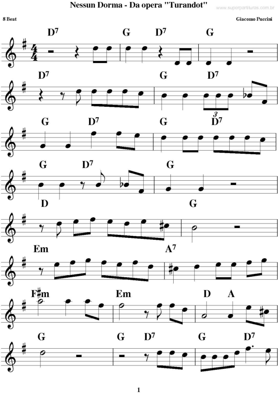 Partitura da música Nessun Dorma - Da Opera Turandot v.2