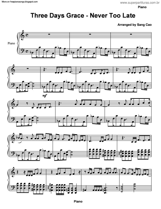 Partitura da música Never Too Late