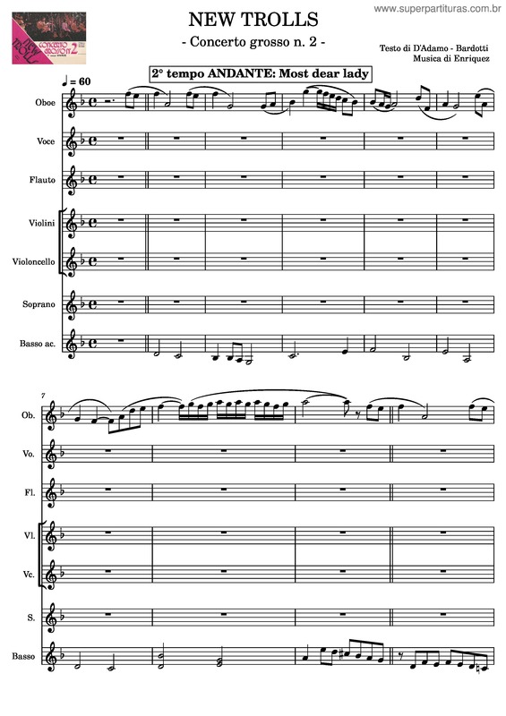 Partitura da música New Trolls – Concerto Grosso N. 2 – 2° Tempo Andante: Most Dear Lady – Testo Di D`Adamo E Bardotti – Musica Di Enriquez Testo Di D`Adamo E Bardotti – Musica Di Enriquez