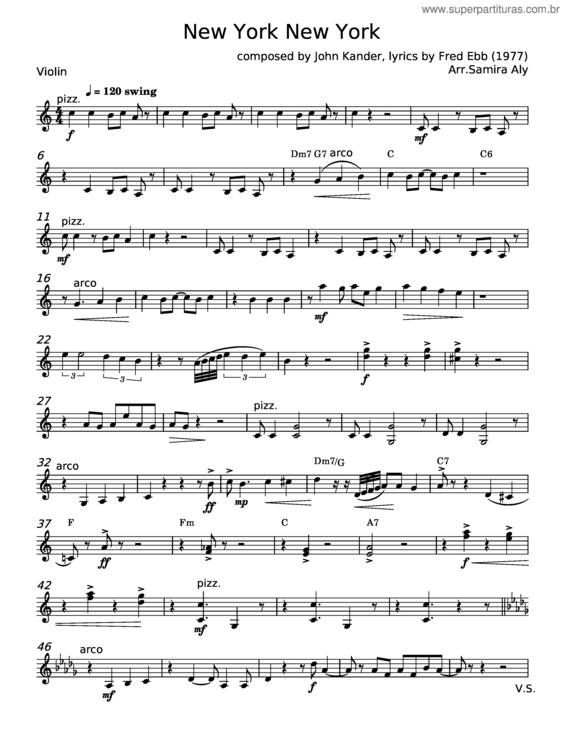 Partitura da música New York, New York – John Kander